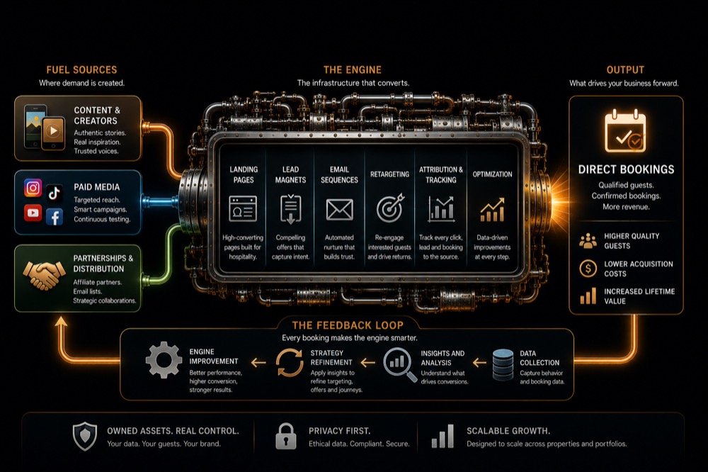 The Direct Booking Engine shown as an industrial machine. Three fuel sources feed in from the left — content and creators, paid media, and partnerships and distribution. Inside the engine: landing pages, lead magnets, email sequences, retargeting, attribution and tracking, and optimization. Direct bookings come out the right side, producing higher-quality guests, lower acquisition costs, and increased lifetime value. A feedback loop runs underneath, cycling data collection into insights, strategy refinement, and engine improvement.